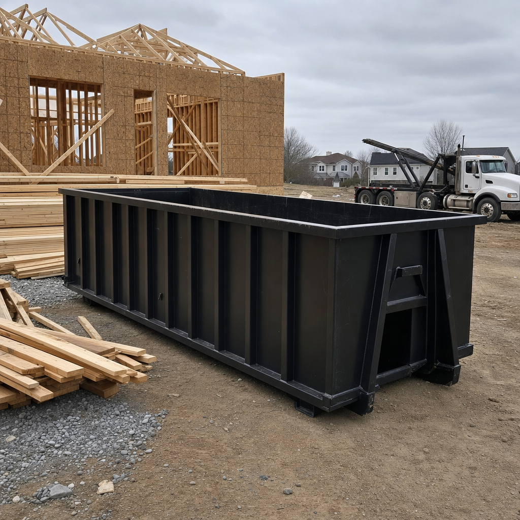 Matte-black 40-yard roll-off dumpster staged on a framed-out residential construction site in Grandview, framing lumber stacked nearby, hooklift delivery truck visible in the background under bright Colorado daylight