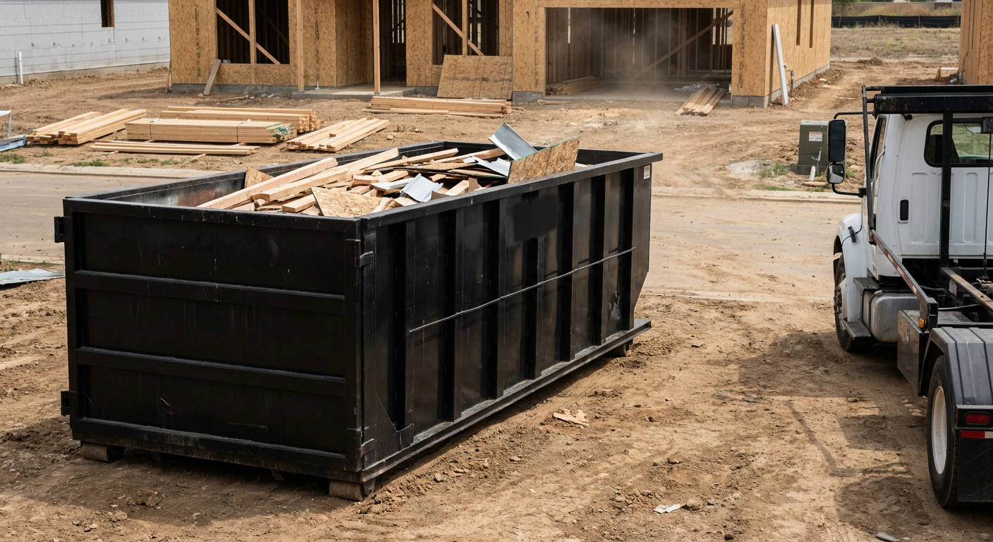 Matte-black 20-yard roll-off construction dumpster with heavy ribbed steel sidewalls and swing rear doors at a working jobsite in Grandview, sitting directly on compacted dirt with an unmarked white hauler partially visible at the far edge of the frame.
