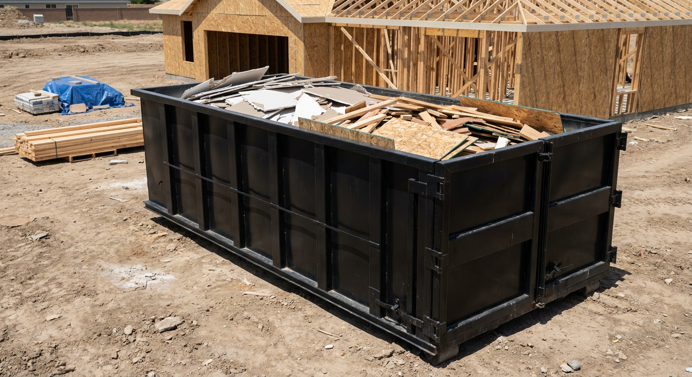 Matte-black 30-yard roll-off construction dumpster sitting directly on the compacted-dirt site of a framed single-family home build in Grandview, drywall and lumber scrap loaded inside.