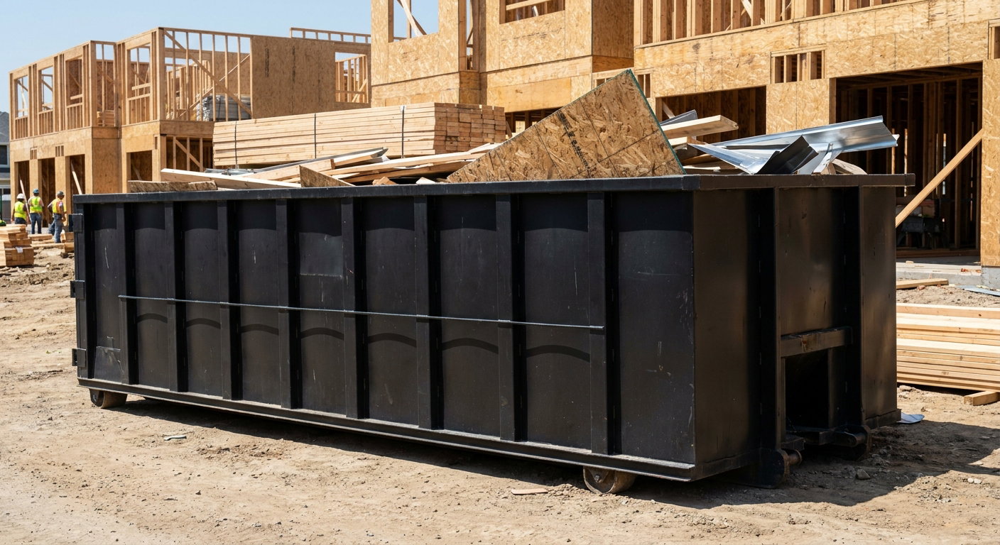 Matte-black 40-yard roll-off construction dumpster being lowered from a white-cab hooklift delivery truck onto the compacted-dirt jobsite at a commercial build site in Grandview