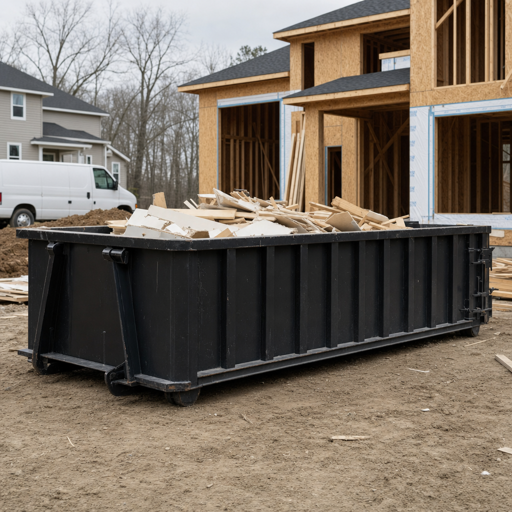 Worker in a yellow high-visibility vest tossing framing lumber and broken drywall into a matte-black 30-yard construction roll-off dumpster on an active build site in Grandview, bright daylight