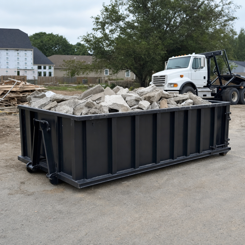 Low-profile matte-black lowboy roll-off dumpster loaded with broken concrete slab and rebar at a foundation tear-out in Grandview, skid steer parked beside it, sunny Colorado morning
