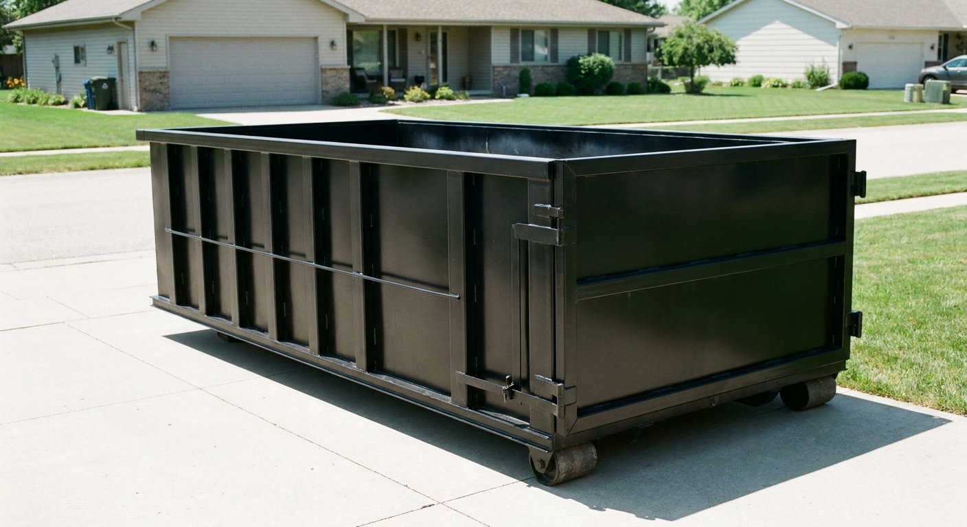 Matte-black 10-yard roll-off dumpster on a residential concrete driveway in Grandview, uniformly painted matte black across every panel and rail, ribbed steel sidewalls and rear swing door visible, mid-day daylight.
