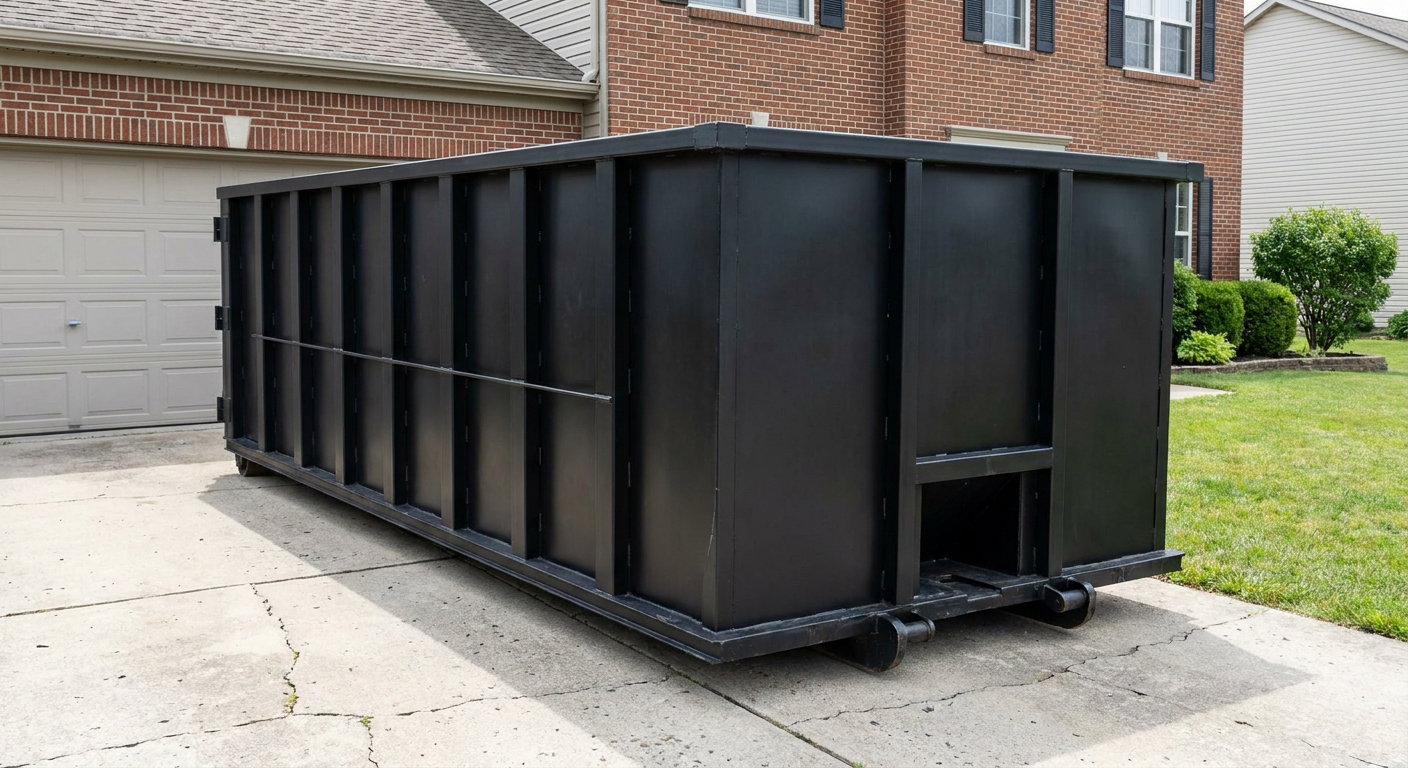 Matte-black 20-yard roll-off container on a Grandview residential concrete driveway with reinforced ribbed steel sidewalls and a hinged rear walk-in door, clean bright daylight.