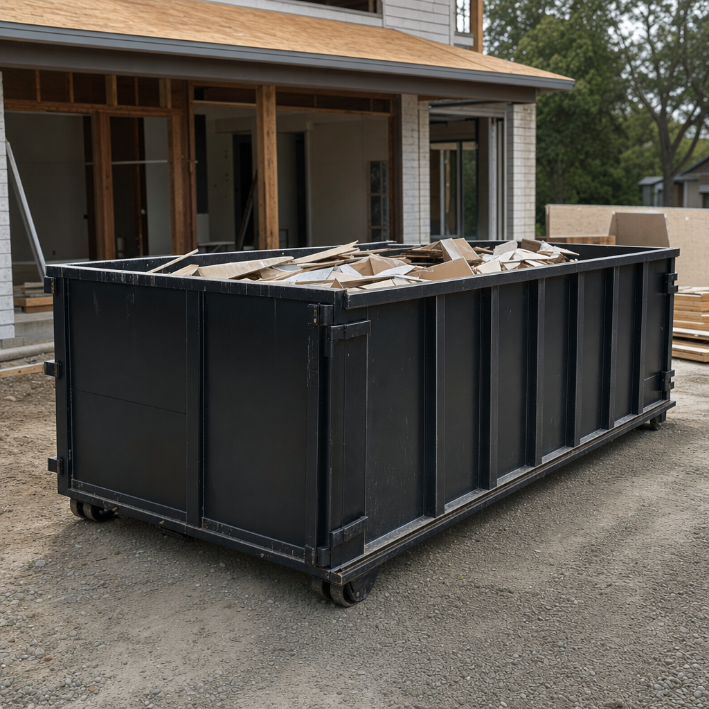 Large matte-black 30-yard construction roll-off dumpster at an active Grandview jobsite, steel-gray top rails and bottom rollers visible, loaded with construction debris.