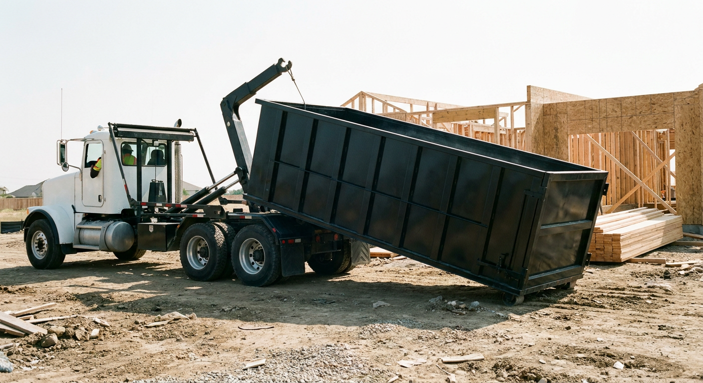 Matte-black roll-off dumpster being delivered onto a clean residential concrete driveway in Grandview by an unmarked white hooklift hauler truck, bright morning daylight, documentary 35mm perspective.