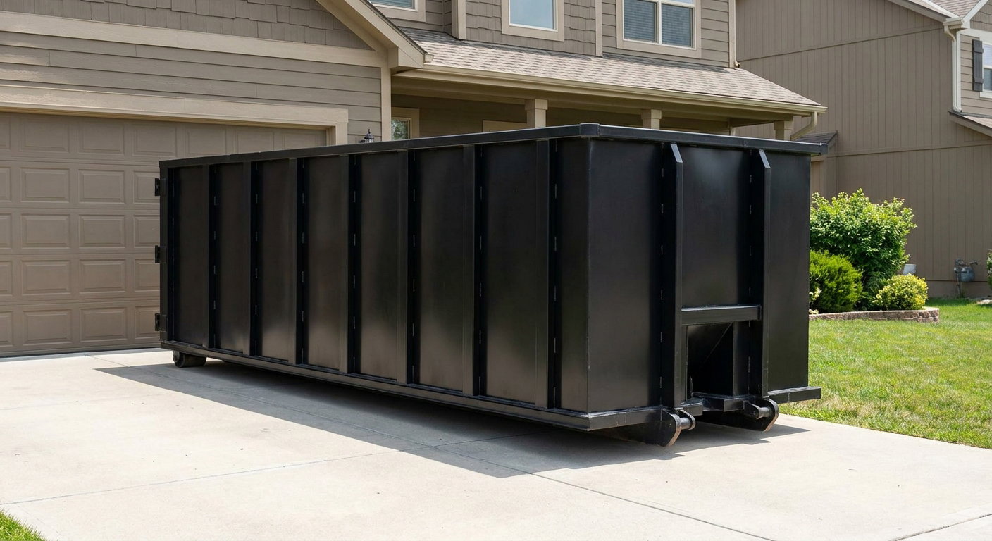 Matte-black residential roll-off dumpster sitting directly on a suburban Grandview concrete driveway, garage door closed, single-family home in background, bright morning daylight.