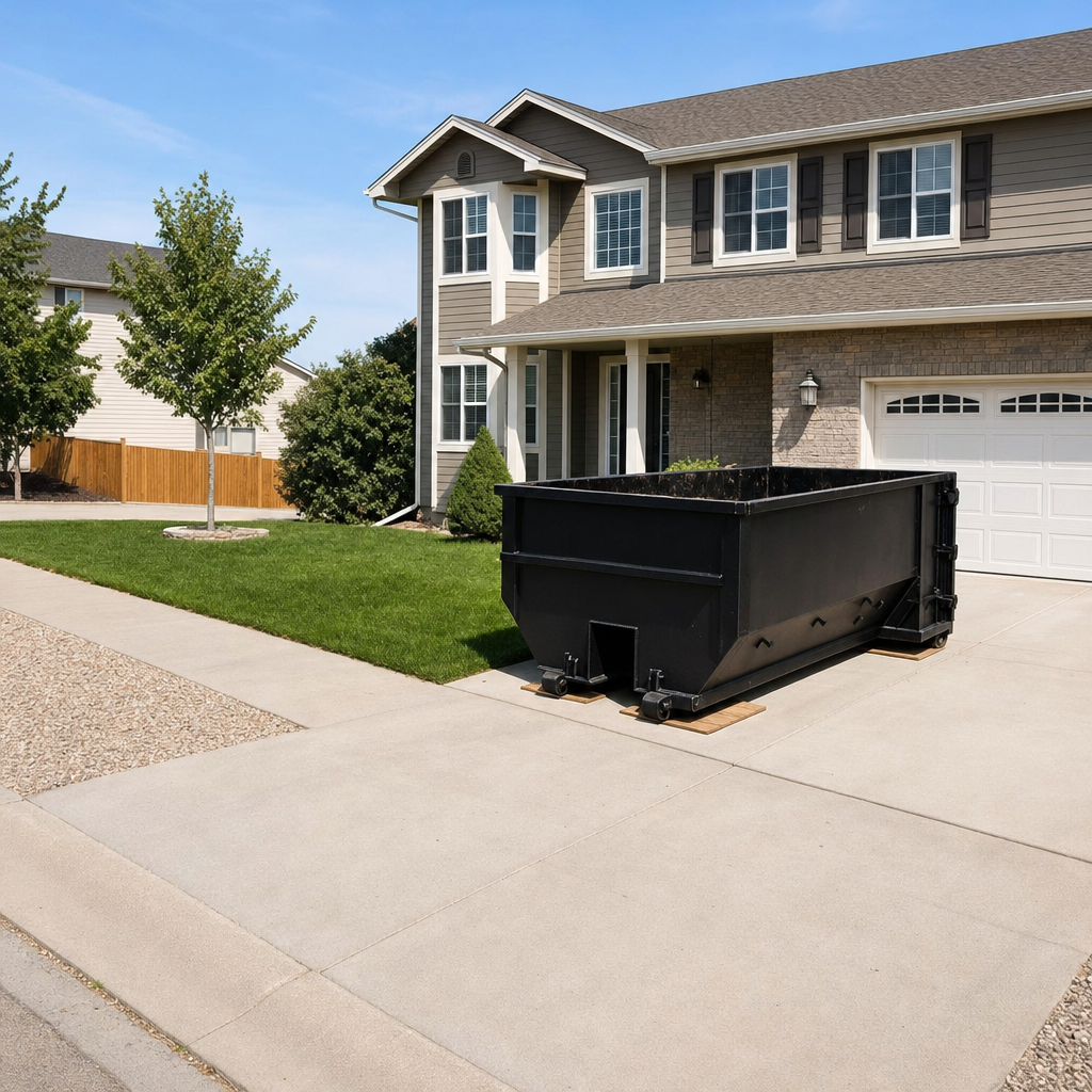 10-yard matte-black residential dumpster placed directly on a narrow Grandview concrete driveway, room remains for a parked sedan beside it, mid-morning natural light