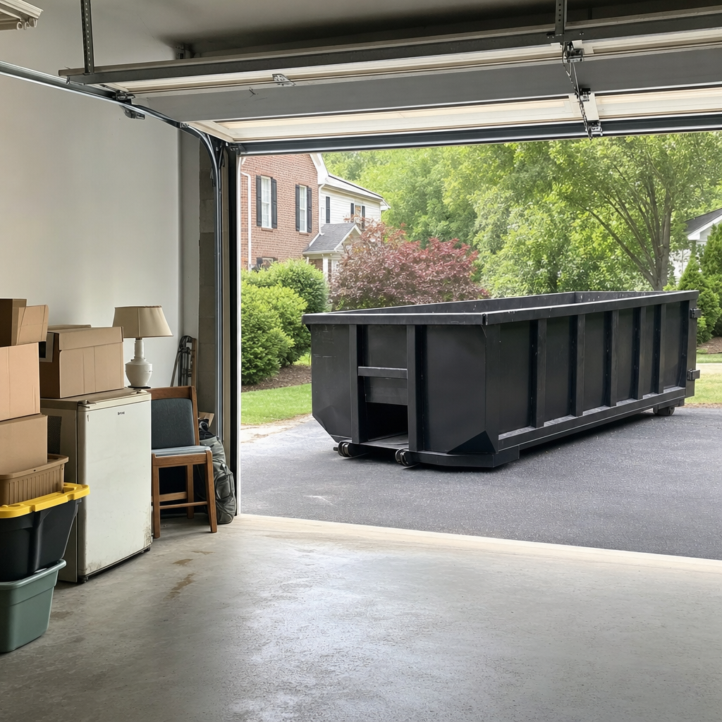 Open garage interior in a Grandview home mid-cleanout — boxed items, an old appliance, and stacked yard tools queued near the driveway for a matte-black roll-off dumpster, organized and calm