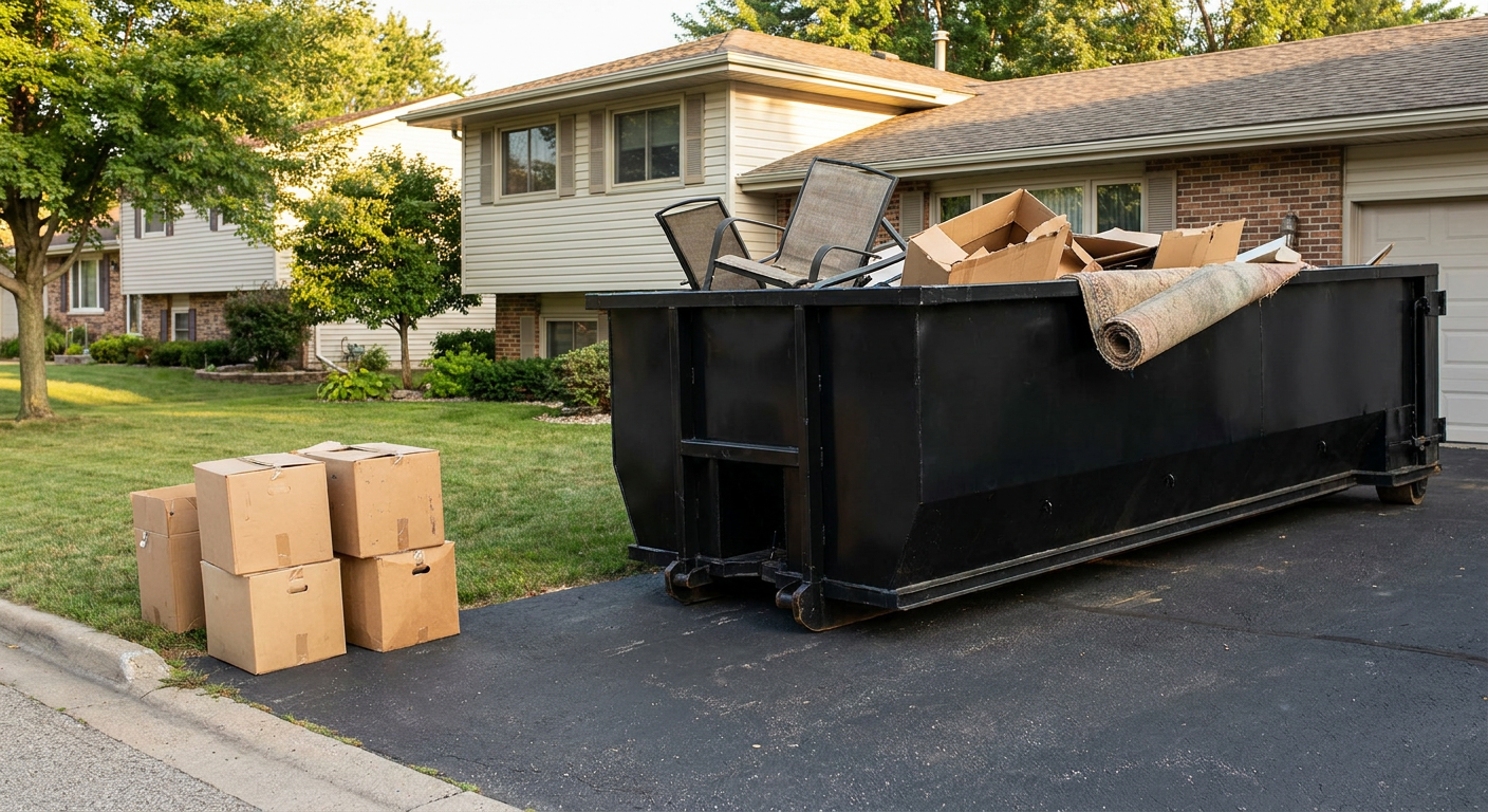 Front-yard view of a Grandview split-level home with a 20-yard matte-black roll-off dumpster sitting directly on the asphalt driveway, a few clearly labeled donation boxes staged at the curb, calm sunny afternoon.