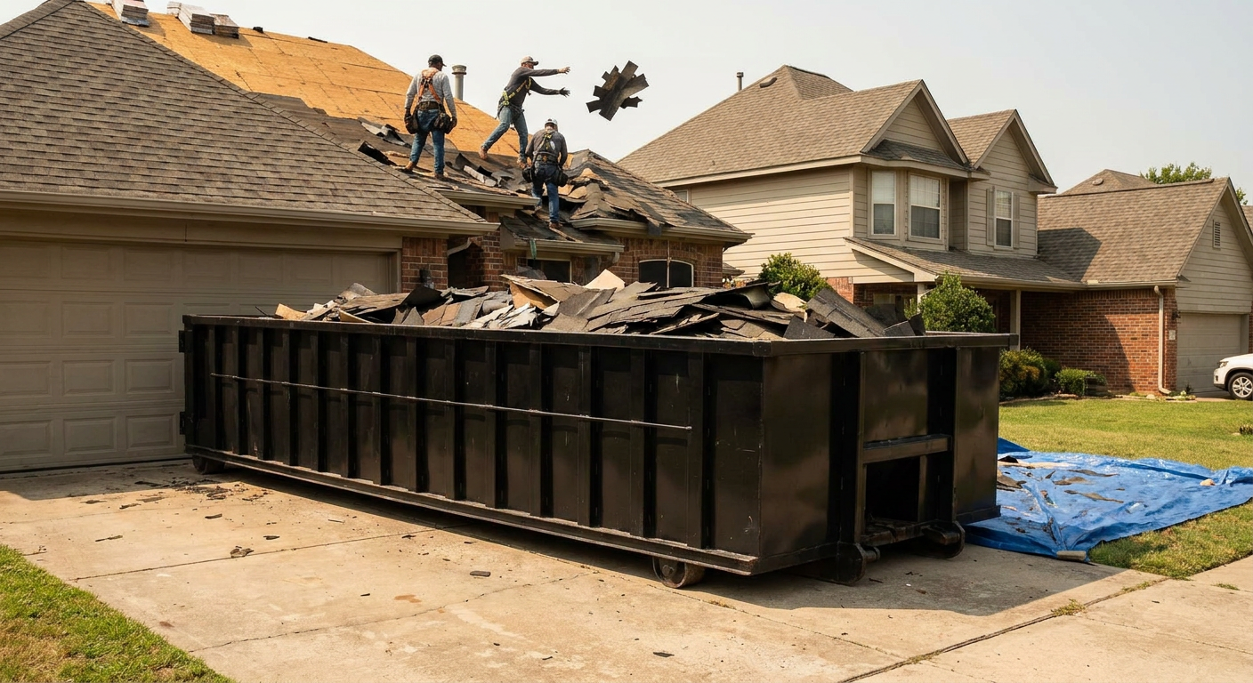 Matte-black roofing roll-off dumpster placed directly on a Grandview residential concrete driveway, a tear-off crew on a two-story asphalt-shingle roof tossing shingle bundles into the low-walled container, bright daylight, documentary 35mm perspective.