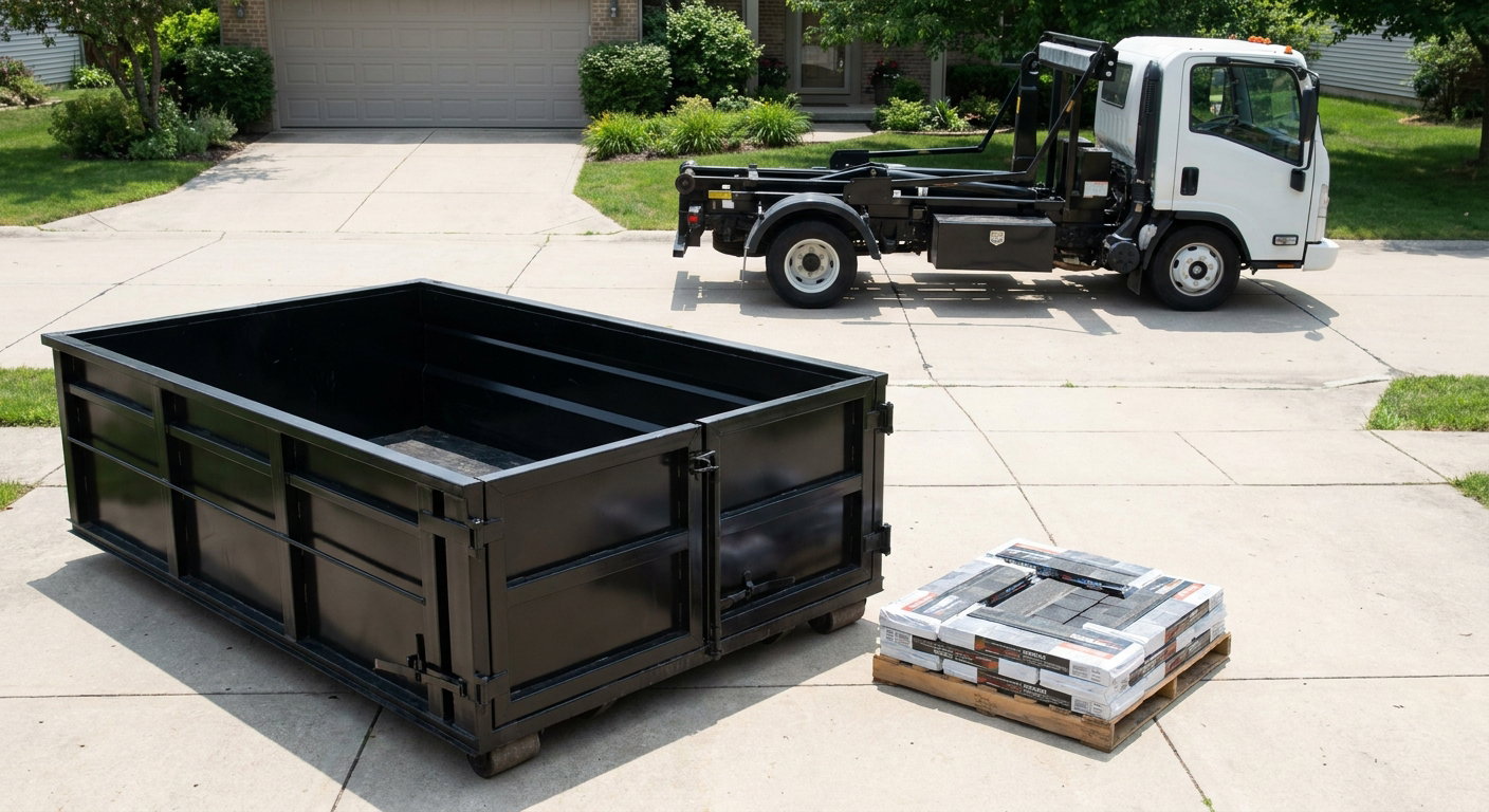 Matte-black 15-yard roofing roll-off dumpster with reinforced low side walls sitting directly on a Grandview residential concrete driveway, three-tab asphalt shingle bundles stacked nearby, an unmarked white hauler truck partially visible at the edge of the frame.