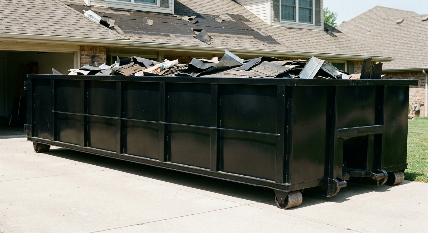 Matte-black 20-yard roofing roll-off dumpster with steel ribbed sides and swinging rear door, sitting directly on the concrete driveway of a two-story Grandview home, asphalt shingle debris being loaded over the low wall, clean documentary lighting.