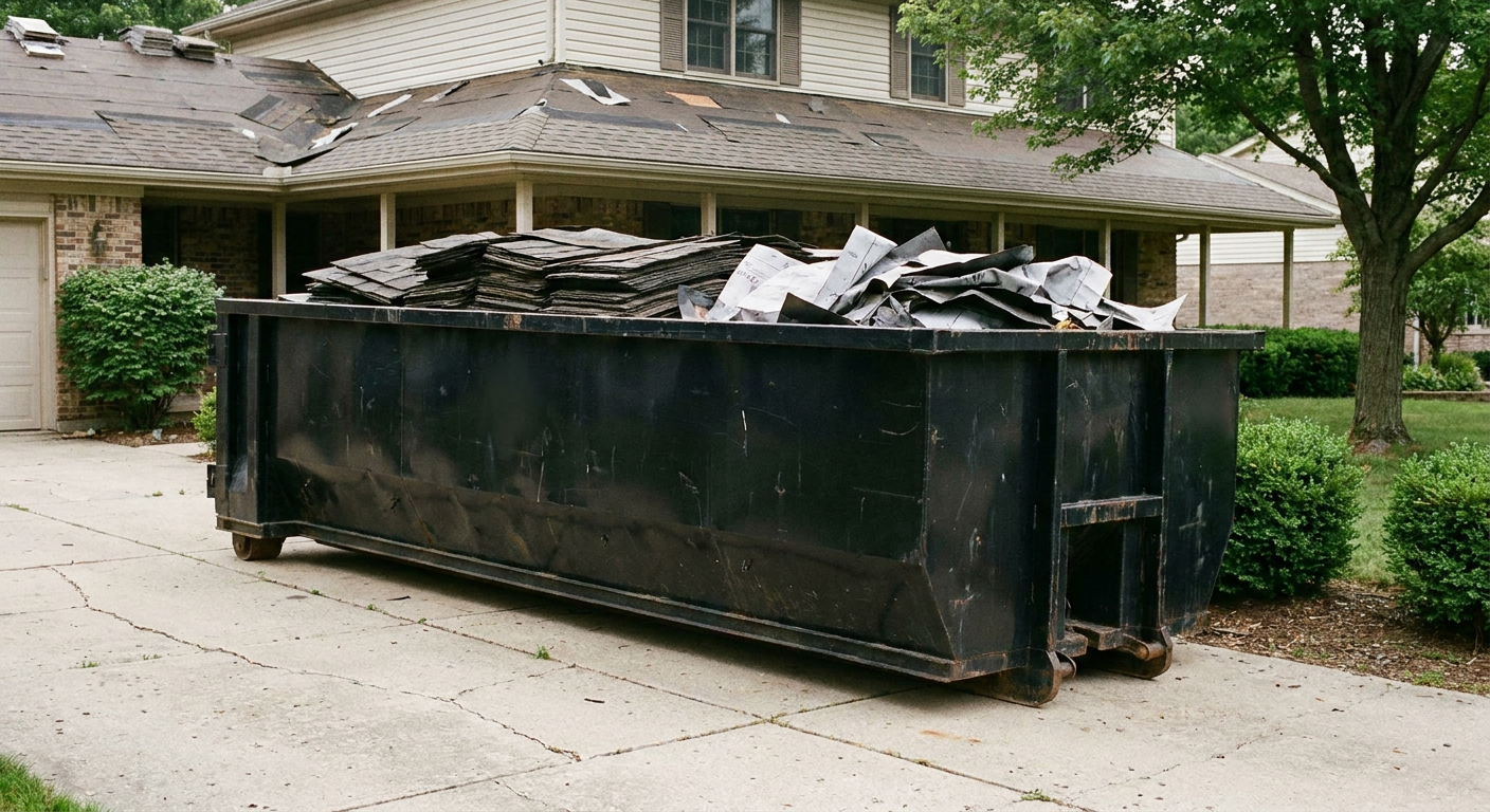 Matte-black 30-yard roofing roll-off dumpster sitting directly on a Grandview concrete driveway, taller ribbed steel side panels, mixed tear-off debris of asphalt shingles and underlayment inside, professional documentary daylight.