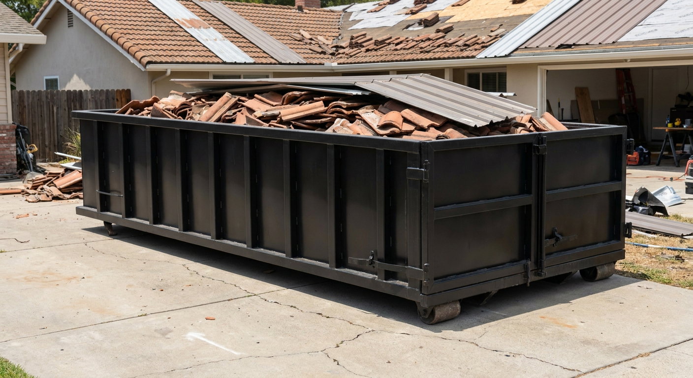 Matte-black low-wall heavy-debris roofing roll-off dumpster sitting directly on a Grandview concrete driveway, broken concrete clay roof tiles and metal panel sections loaded inside, reinforced ribbed steel side walls visible, bright outdoor daylight.
