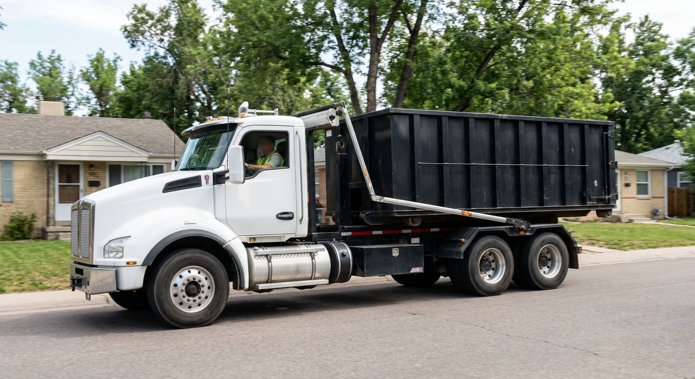A wide documentary shot of a matte-black roll-off delivery truck pulling onto a quiet Grandview residential street at mid-morning, with neighborhood rooftops and tree-lined blocks visible behind, showing the metro coverage footprint.