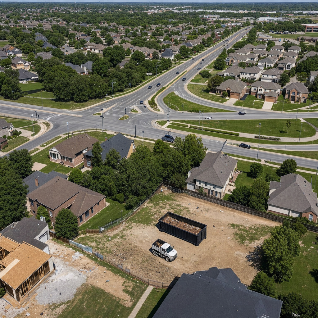 An overhead documentary view of the Grandview metro area at midday, showing the spread of neighborhoods, arterial roads, and the dispatch radius from a central yard — clean daylight, organized geographic layout.