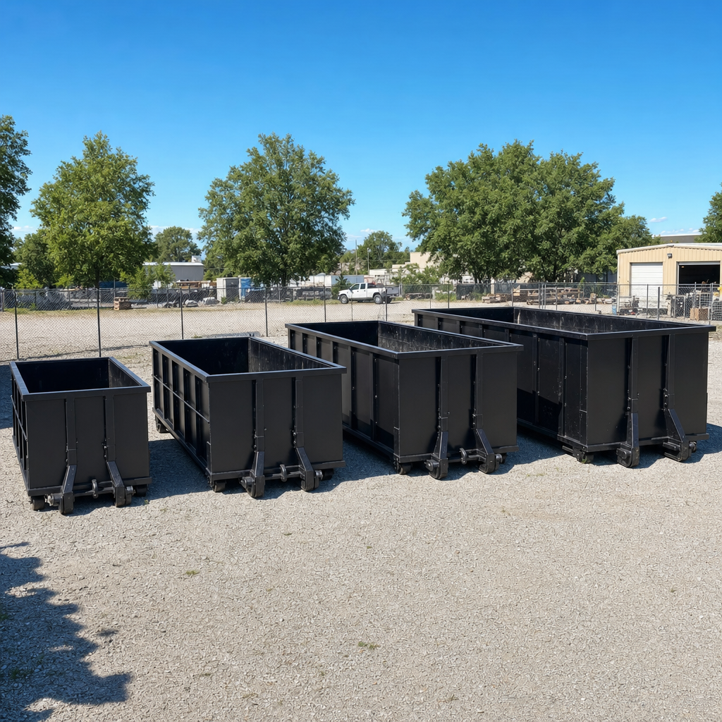 A clean lineup of matte-black roll-off dumpsters in 10, 20, 30, and 40-yard sizes staged on a sunlit gravel yard in Grandview, showing the size progression from compact to commercial-scale containers.