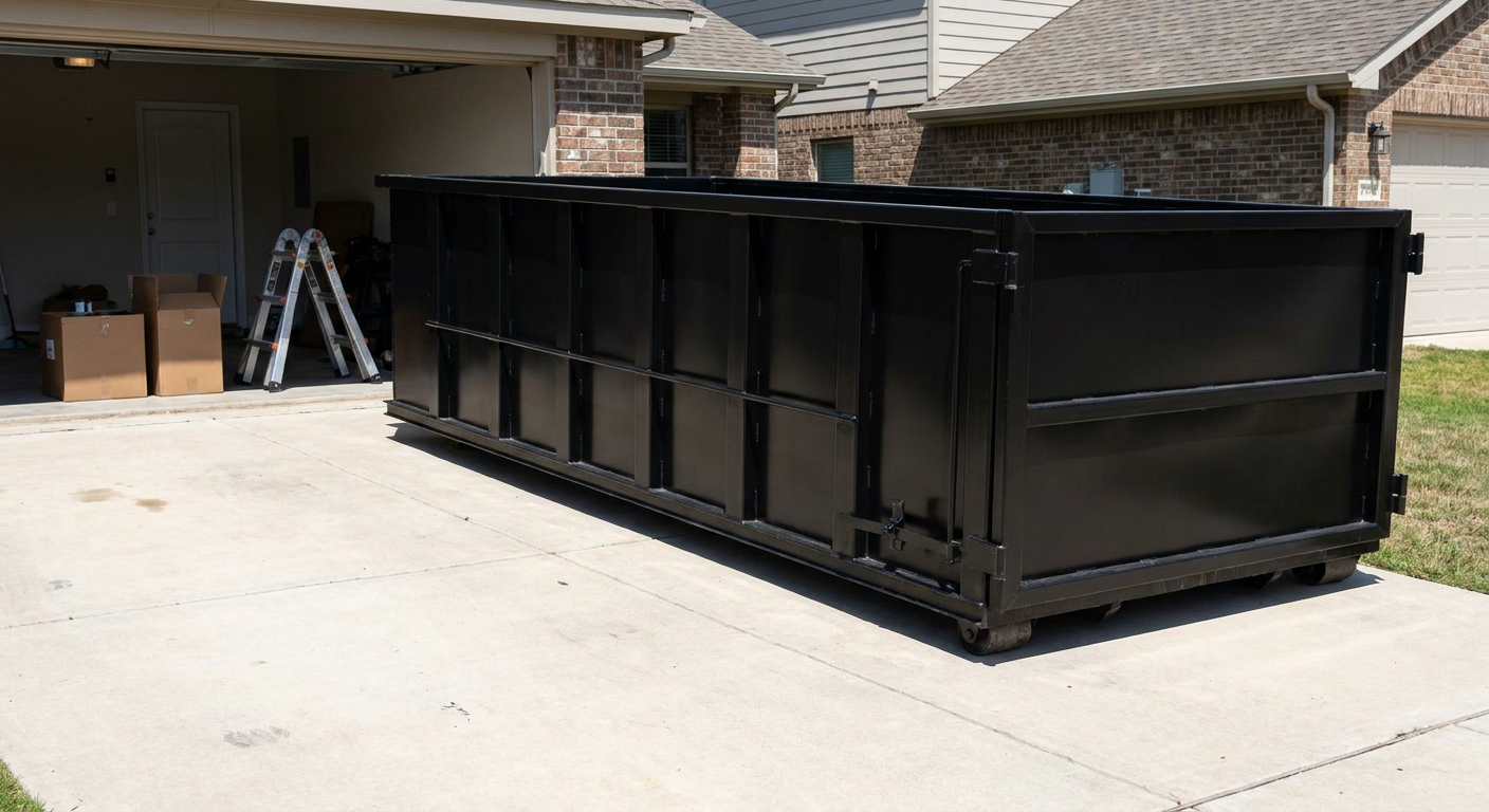 A matte-black 10-yard roll-off dumpster sitting directly on a residential Grandview concrete driveway, mid-day sunlight, clean and ready for a garage cleanout.