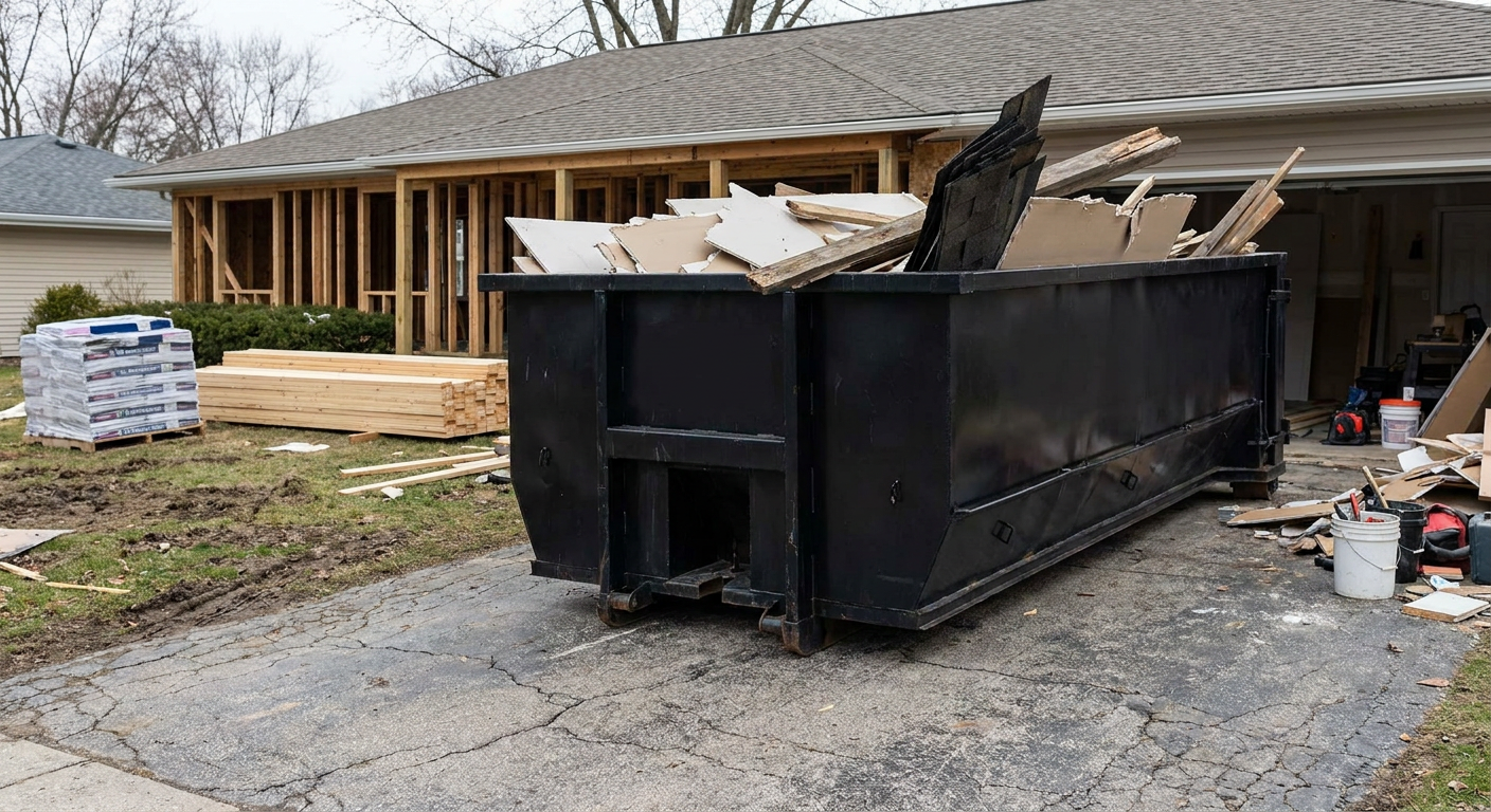 A matte-black 20-yard roll-off dumpster placed alongside a mid-renovation Grandview home directly on the asphalt driveway, with framing materials and torn-off shingles staged neatly nearby.