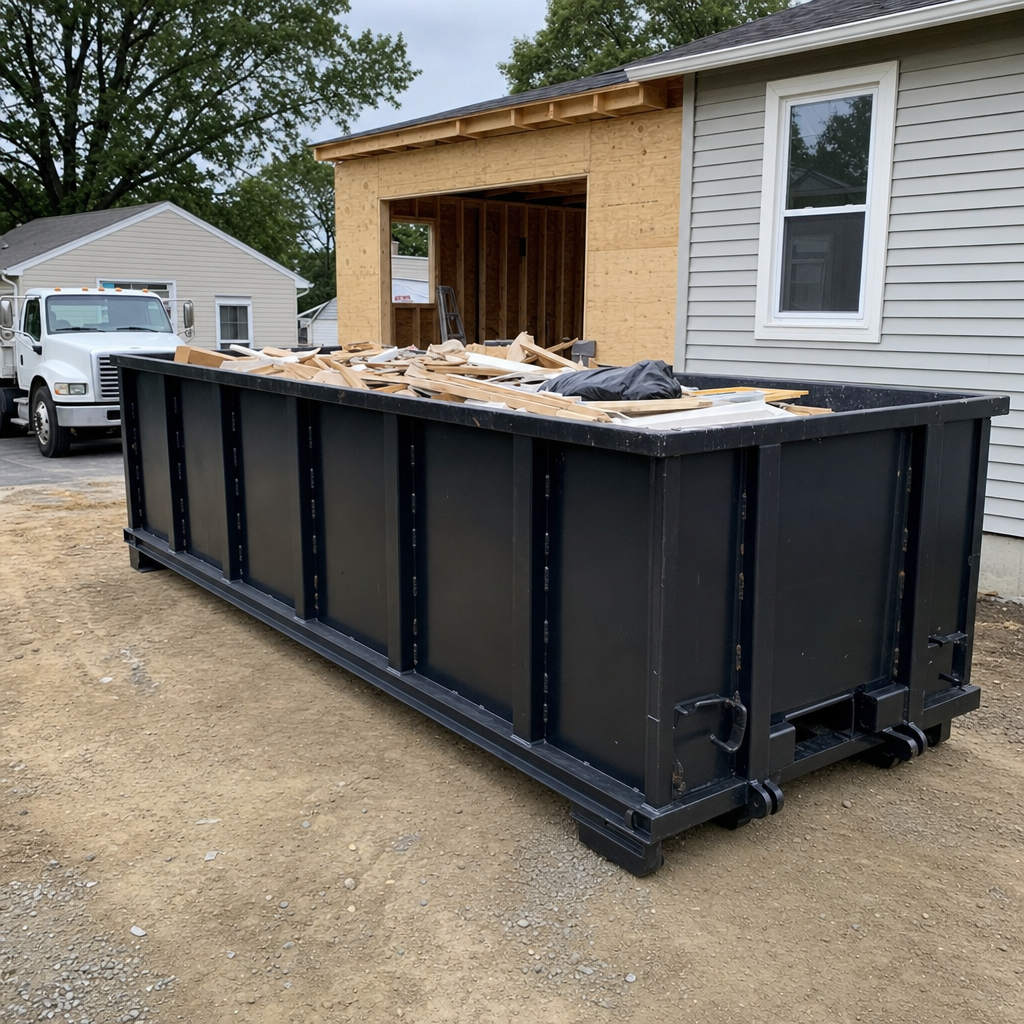 A matte-black 30-yard roll-off dumpster positioned at a Grandview residential addition jobsite, with framing lumber and drywall scraps loaded through the open swinging rear doors.