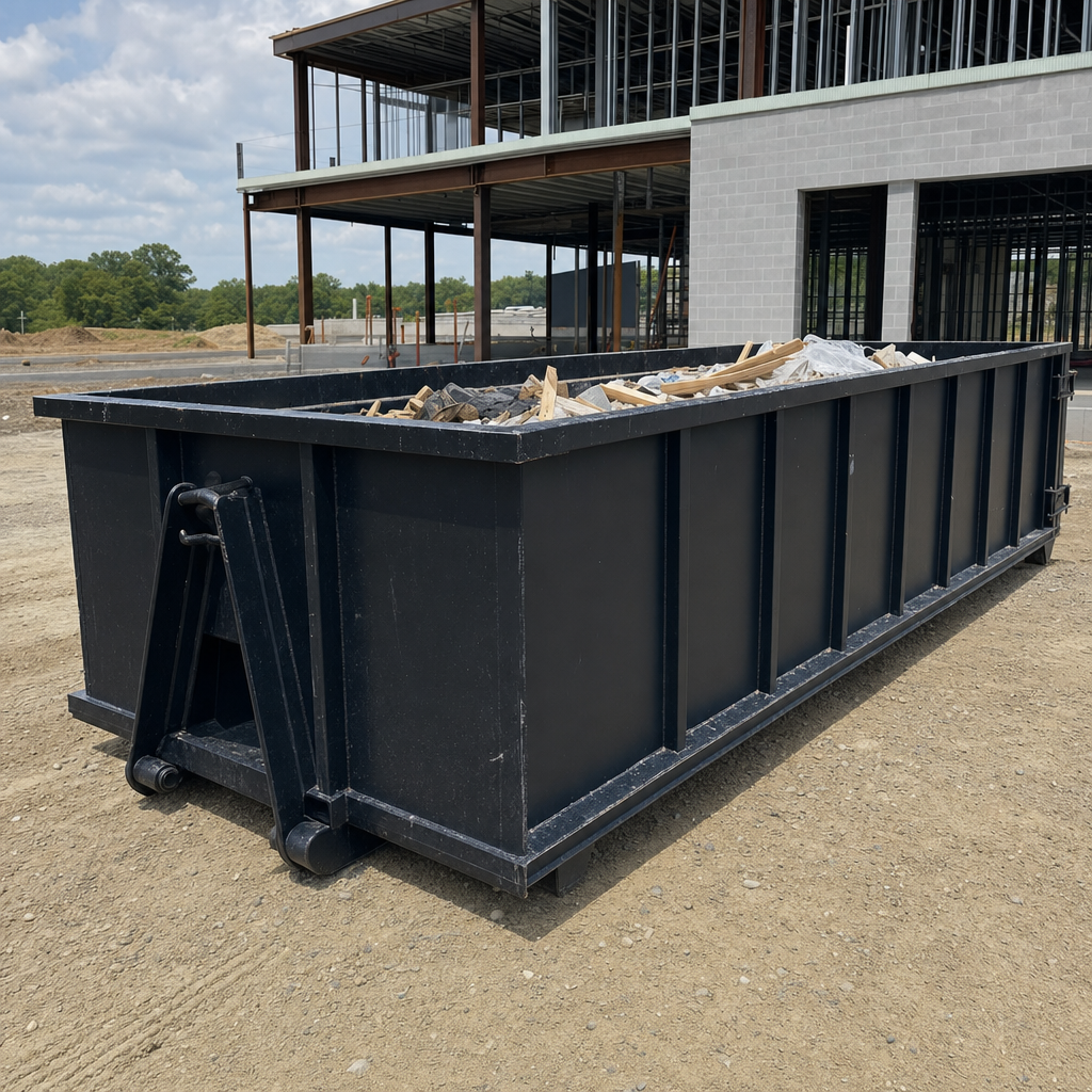 A matte-black 40-yard roll-off dumpster staged on a large Grandview commercial construction lot, with a hooklift delivery truck parked alongside under bright midday sky.