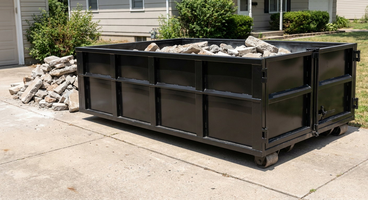 A matte-black low-side heavy-debris roll-off dumpster placed directly on a Grandview concrete driveway, with broken concrete chunks neatly stacked beside it under clean daylight.